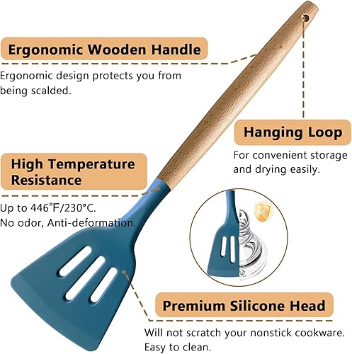 Miniatura 2 de Juego de 6 utensilios de cocina de silicona resistentes al calor, juego de utensilios de cocina de silicona, espátula con mango de madera,