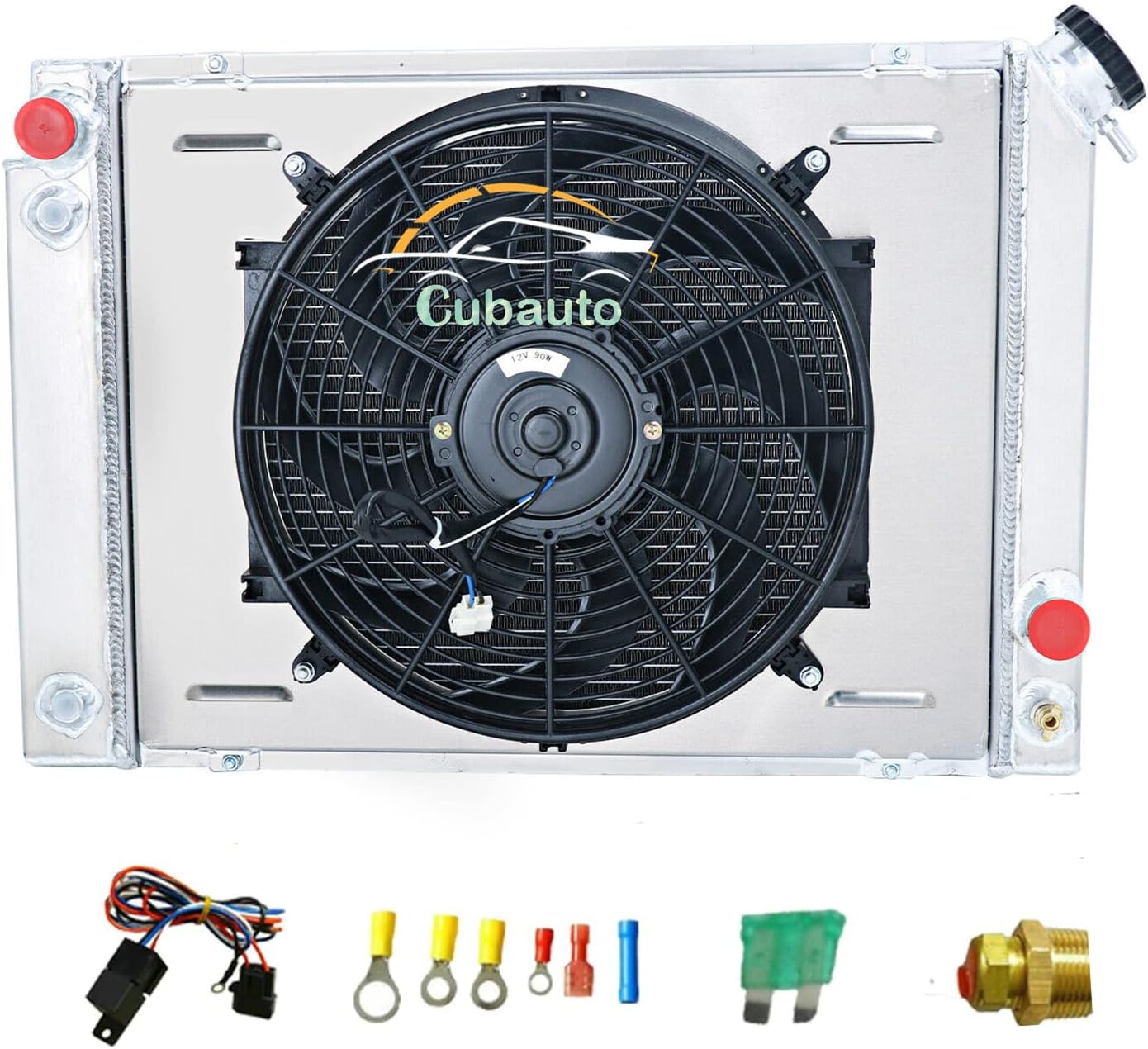 Aluminum Radiator Compatible with 1984-1988 1986 Pontiac Fiero Base SE GT L4 V6 2.5L 2.8L, 4 Row Radiator with Shroud Fan Relay Kit