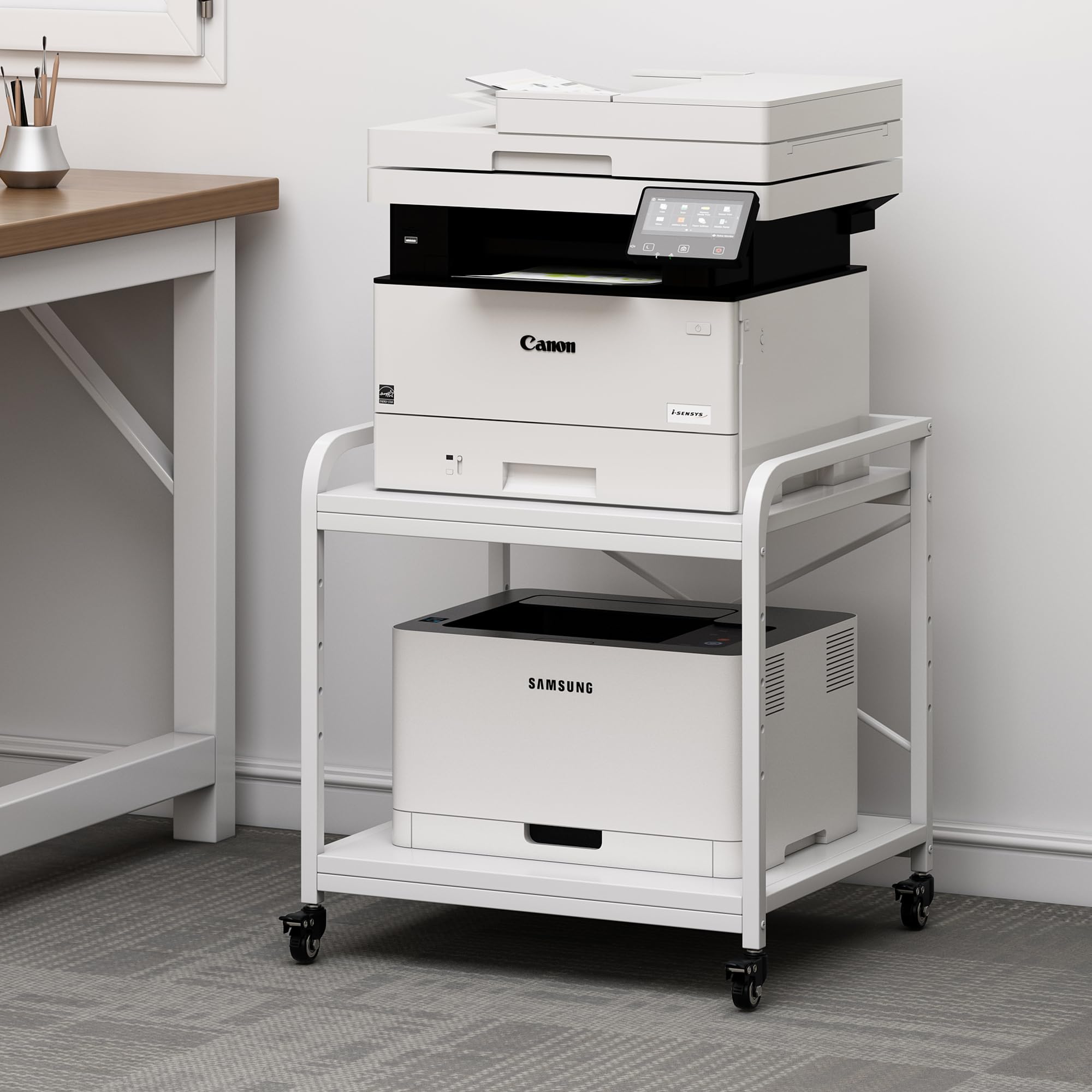 Fannova Soporte de impresora grande de 20 pulgadas de profundidad, mesa de impresora de 2 niveles debajo del escritorio con estante ajustable en altura, carrito de impresora rodante de 2 niveles con
