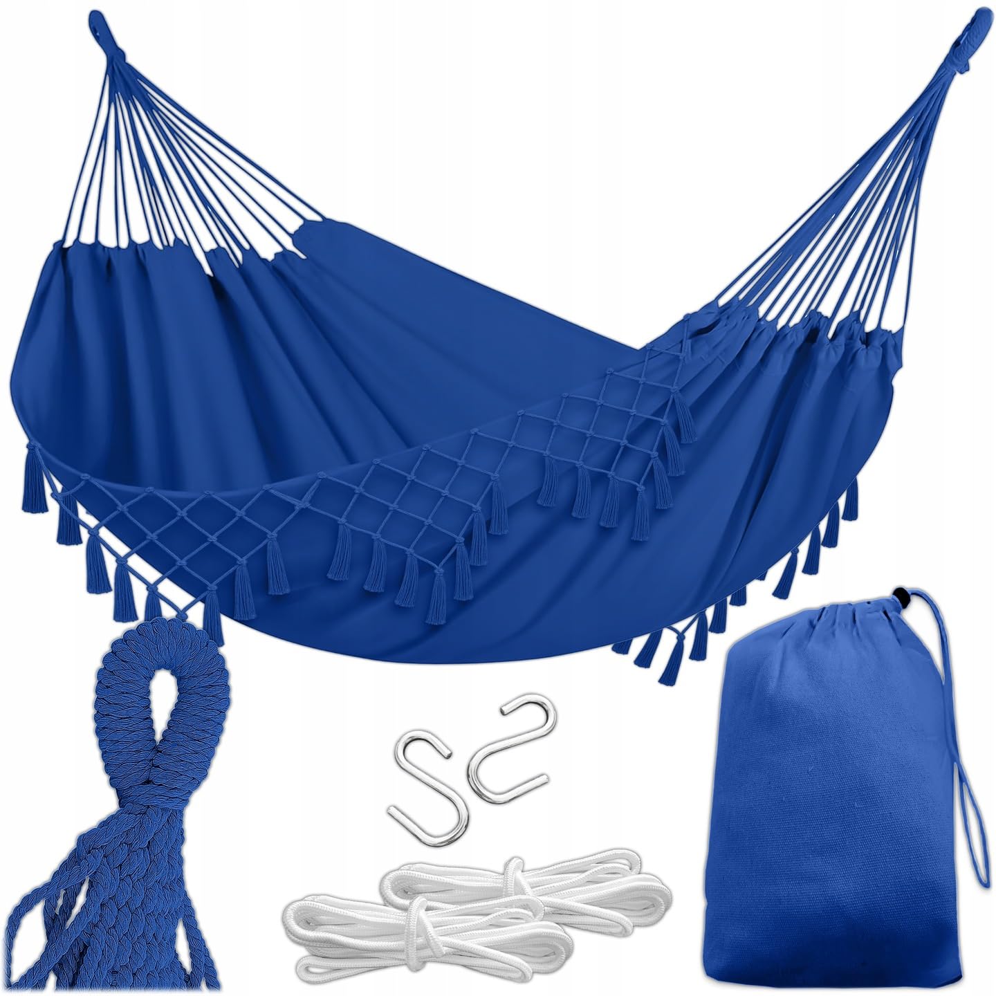 KRUMAD Hamac d'extérieur style bohème 190 x 150 cm, bleu, charge maximale : 120 kg, avec franges, sac de rangement et 2 cordes, en coton et polyester, pour jardin, balcon, terrasse, extérieur et