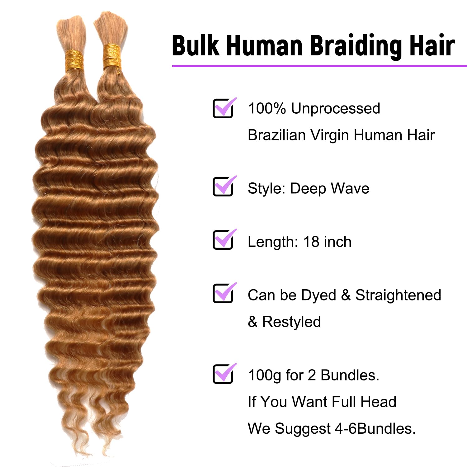 Deep Curly Human Braiding Hair for Boho Braids Honey Blonde Water Wave Bulk Human Hair for Micro Braiding Wet and Wavy Bundles Hair Extensions (27# - Image 2