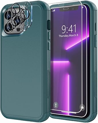 Diverbox Designed for iPhone 13 Pro case with Screen Protector Camera Lens Cover Heavy Duty Shockproof Shock-Resistant Cases for Apple iPhone 13 pro Phone 6.1 inch Dark Green