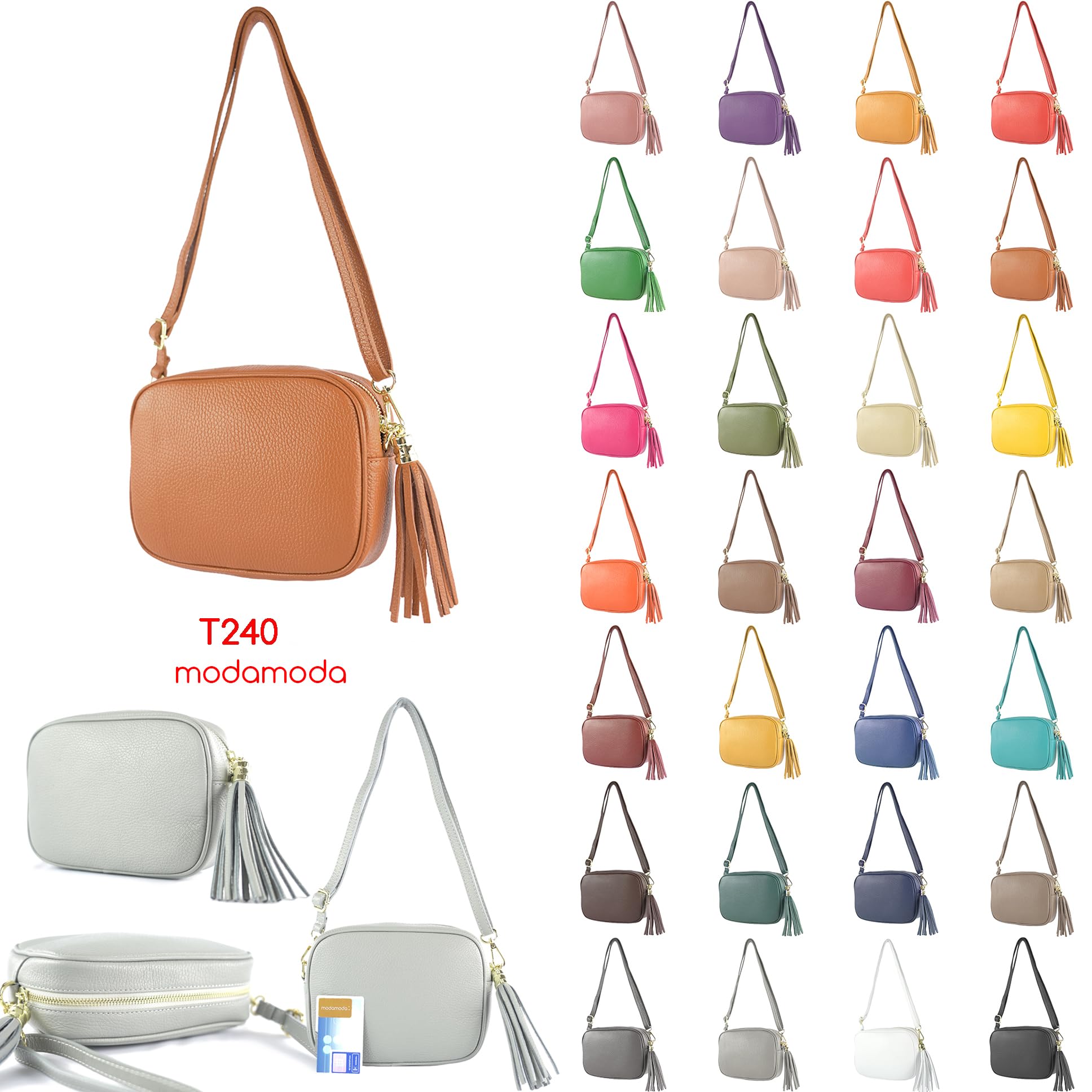 modamoda de - T240 - Bolso bandolera pequeño de piel auténtica italiana, beige, S