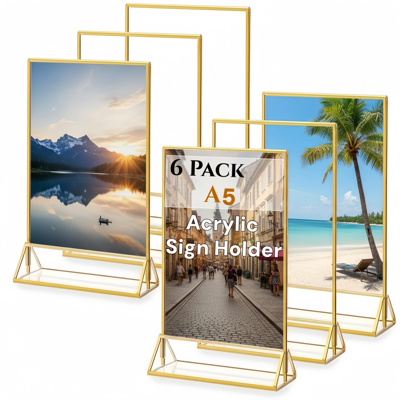 CHDEXU Acrylic Sign Holder A5 with Gold Border, 6 Pack Clear Acrylic Menu Table Holders with Vertical Double-sided Stand for Wedding Table Numbers, Photos Display, Restaurant Signs
