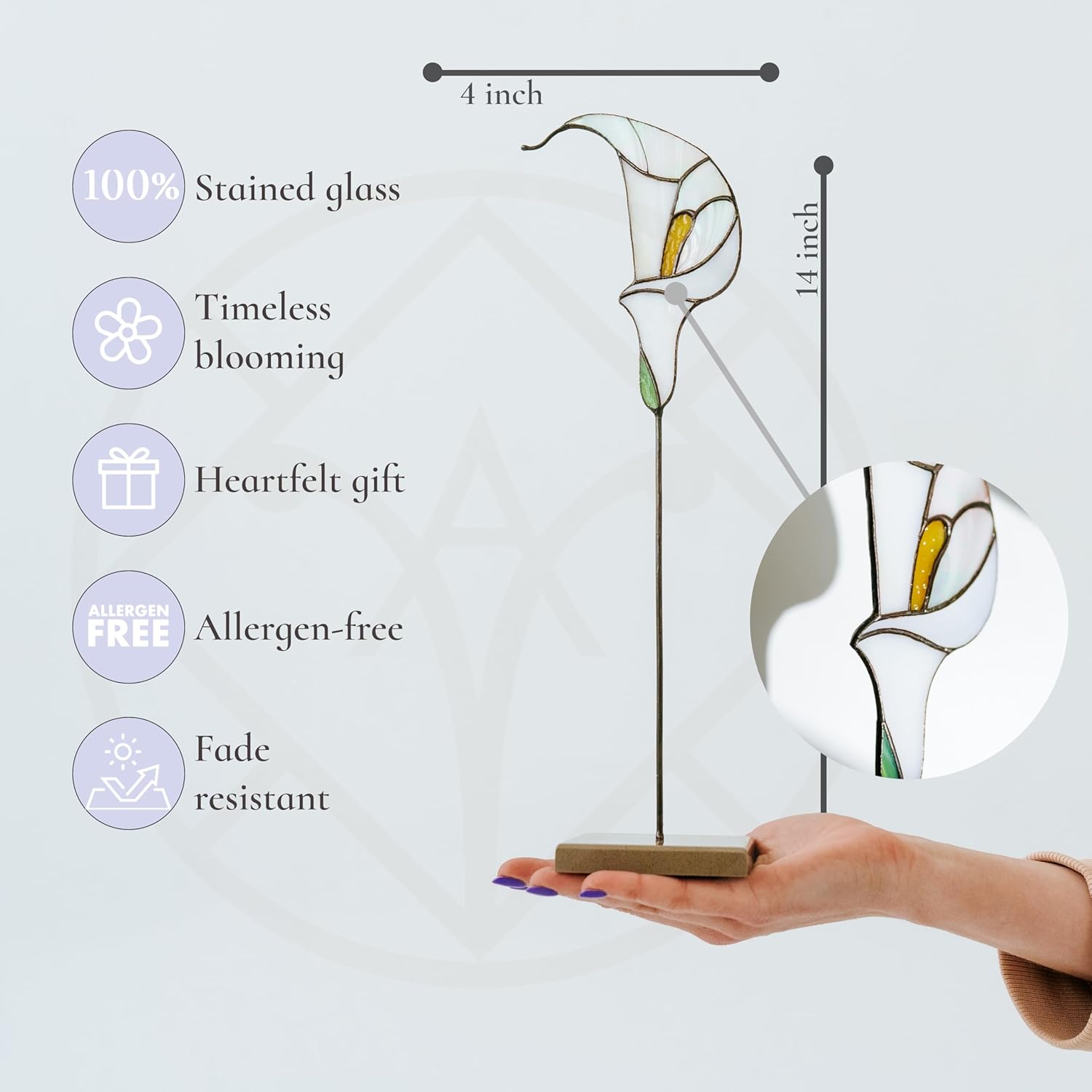 Stained Glass Table Decor White Lily Calla Flower on a Stone Stand, Flower Decor, Nature Lover Gift, Modern Home Decor, Gift for Mom, Stained Glass Art