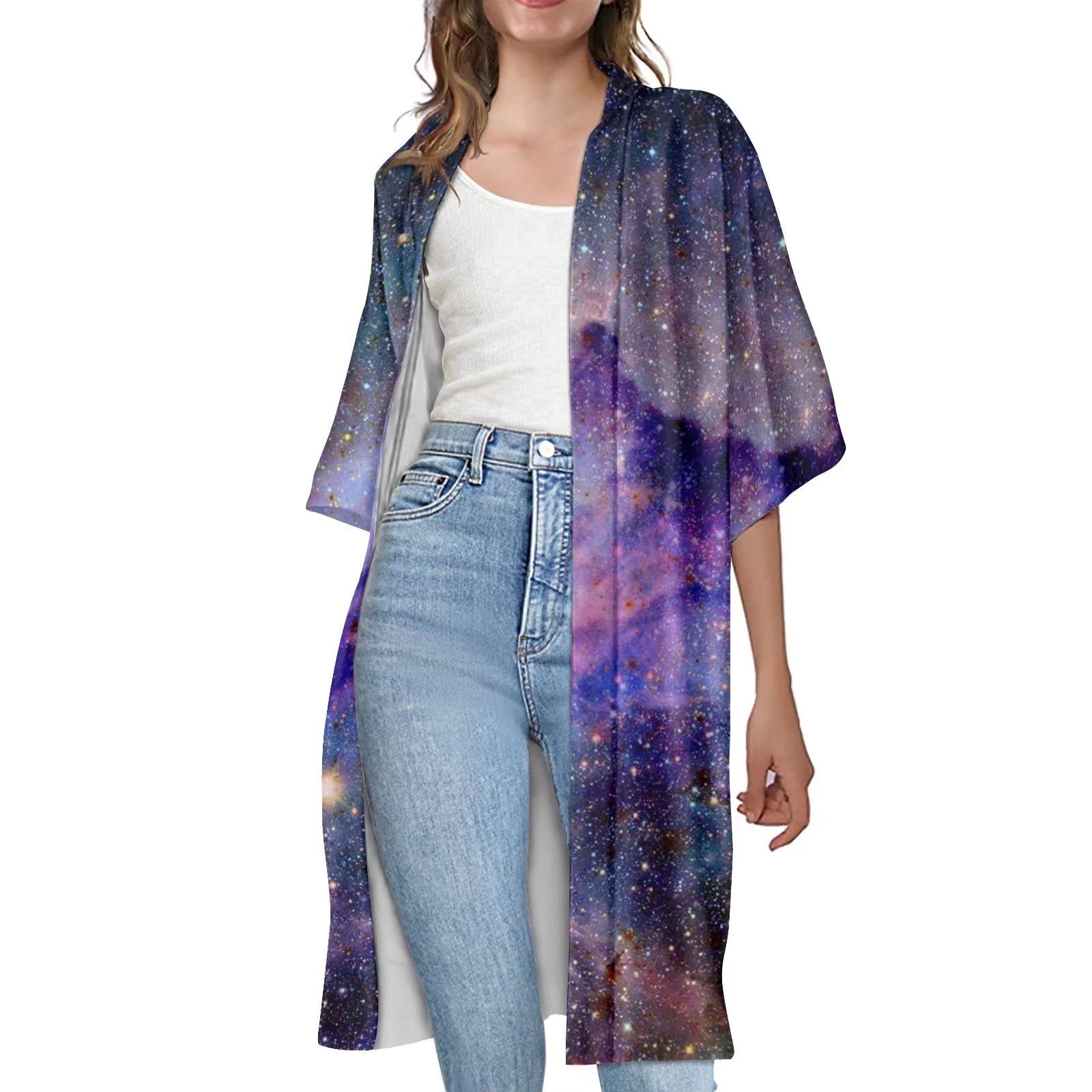 Womens Long Light Cardigans Short Sleeve Loose Kimono Cardigan Thin Coat Capes Spring Summer Fall Size S-4XL