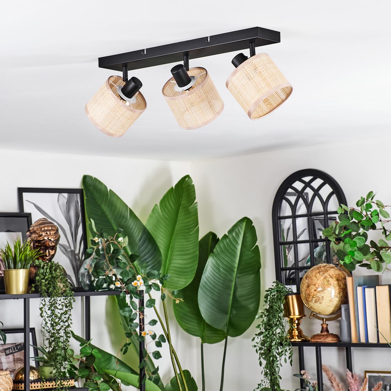 HOFSTEIN Lampa sufitowa Sabadim, z metalu/plecionki papierowej/materiału w kolorze czarnym/naturalnym/brązowym, regulowana lampa w stylu boho (klosze Ø 12 cm), E14, do jadalni, salonu, sypialni