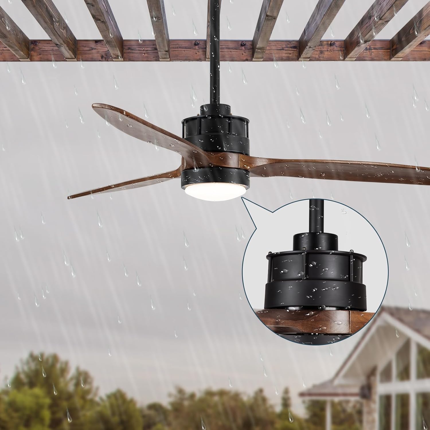 EKIZNSN 52'' Outdoor Ceiling Fan with Light for Patios, IPX4 Waterproof, DC Motor w 6 Speeds, 3 Blade Wet Rated Ceiling Fans, Walnut Wood 52 Inch IP65 Waterproof Wood Fan Walnut Wood