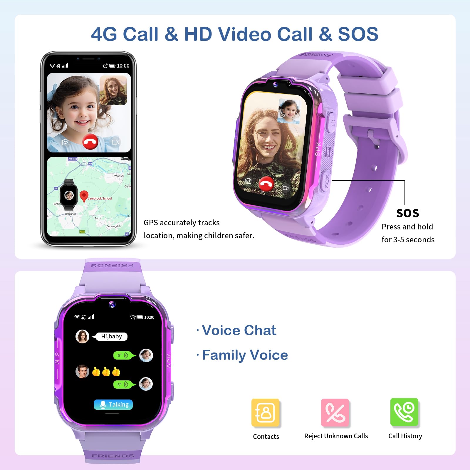 4G Smartwatch dla Dzieci z GPS Połączenia Wideo SOS Gry Budzik Krokomierz Kalkulator Wodoodporny Zegarek Cyfrowy dla Chłopców i Dziewczynek Prezent-