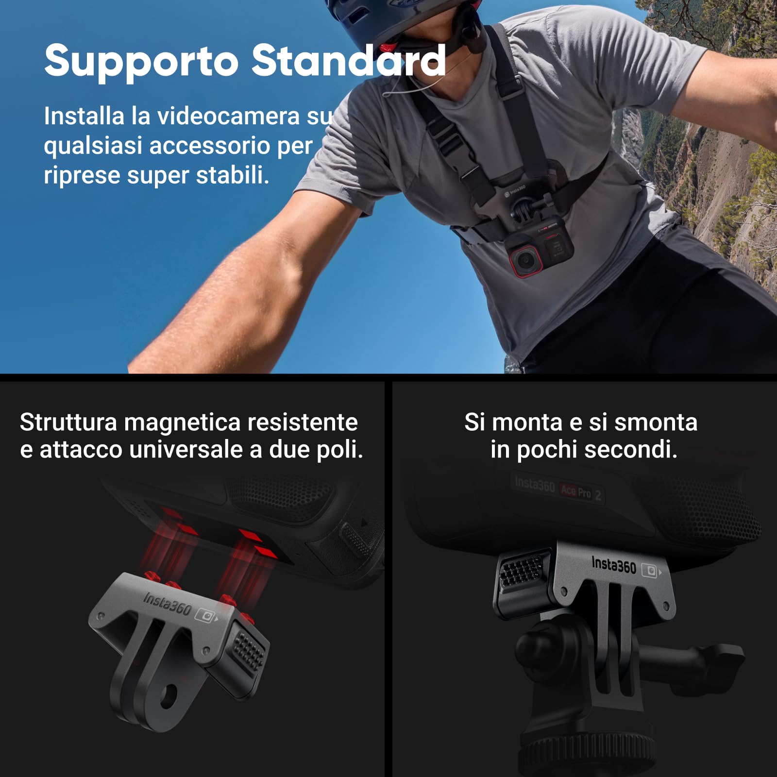 Insta360 Ace Pro 2 Pack Bici - Action Cam Impermeabile in 8K co-ingegnerizzata con Leica, sensore 1/1.3", doppio chip IA, superba in bassa luce, audio superiore.