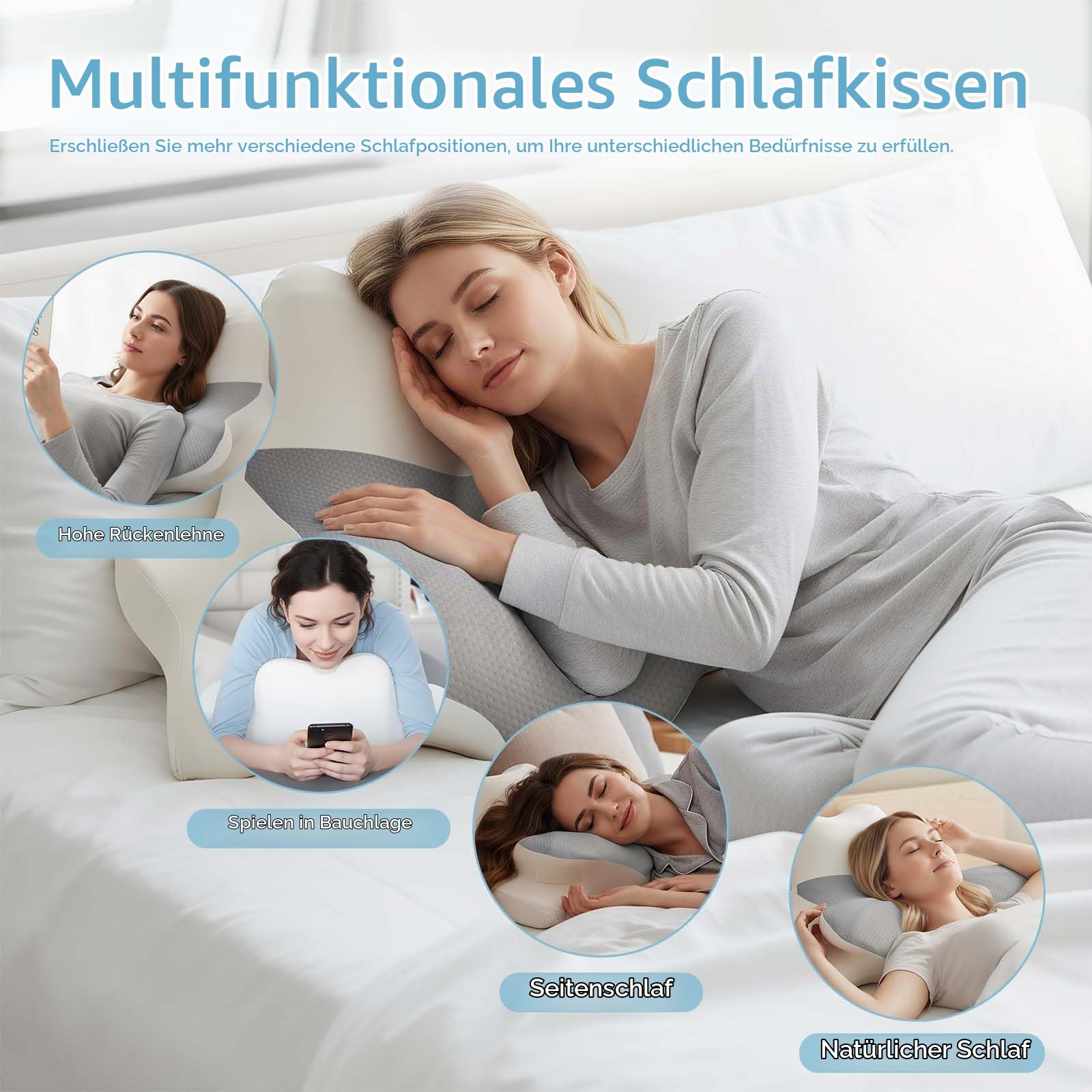 OKYUK 4 in 1 Nackenkissen Ergonomisch mit Zwei-Zonen-Design, Memory Foam Kissen mit Abnehmbarer Kissenbezug für Seiten Rücken & Bauchschläfer (Grau-weiße)