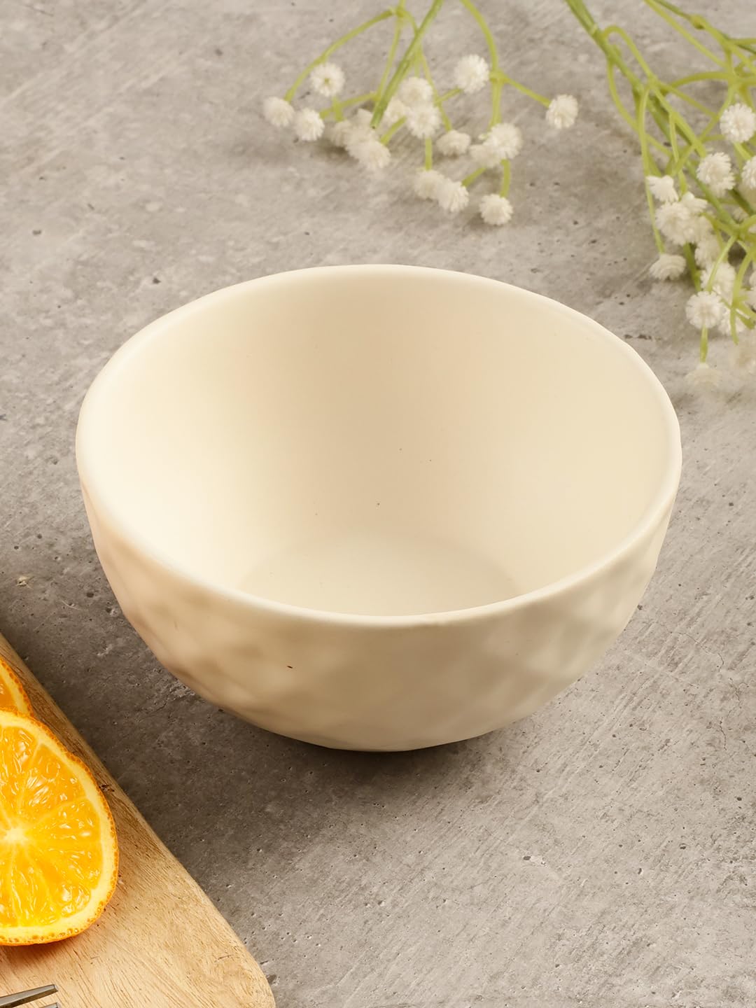 MIEN Ceramic Bowls - Diamond Cut Design - White/Dishwasher & Microwave Safe