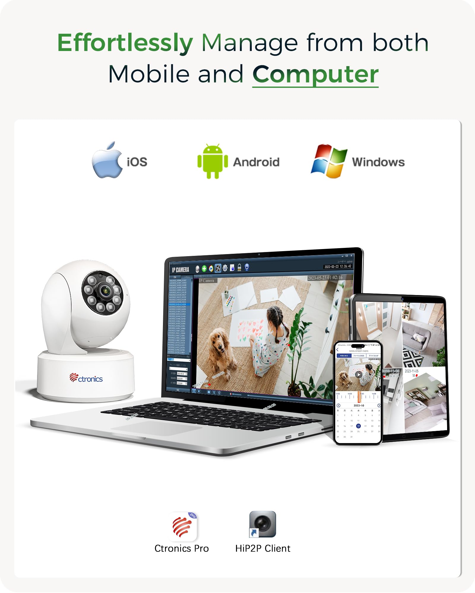 Image showing the Ctronics camera alongside a laptop, tablet, and smartphone, all displaying the Ctronics app interface, indicating multi-platform management.