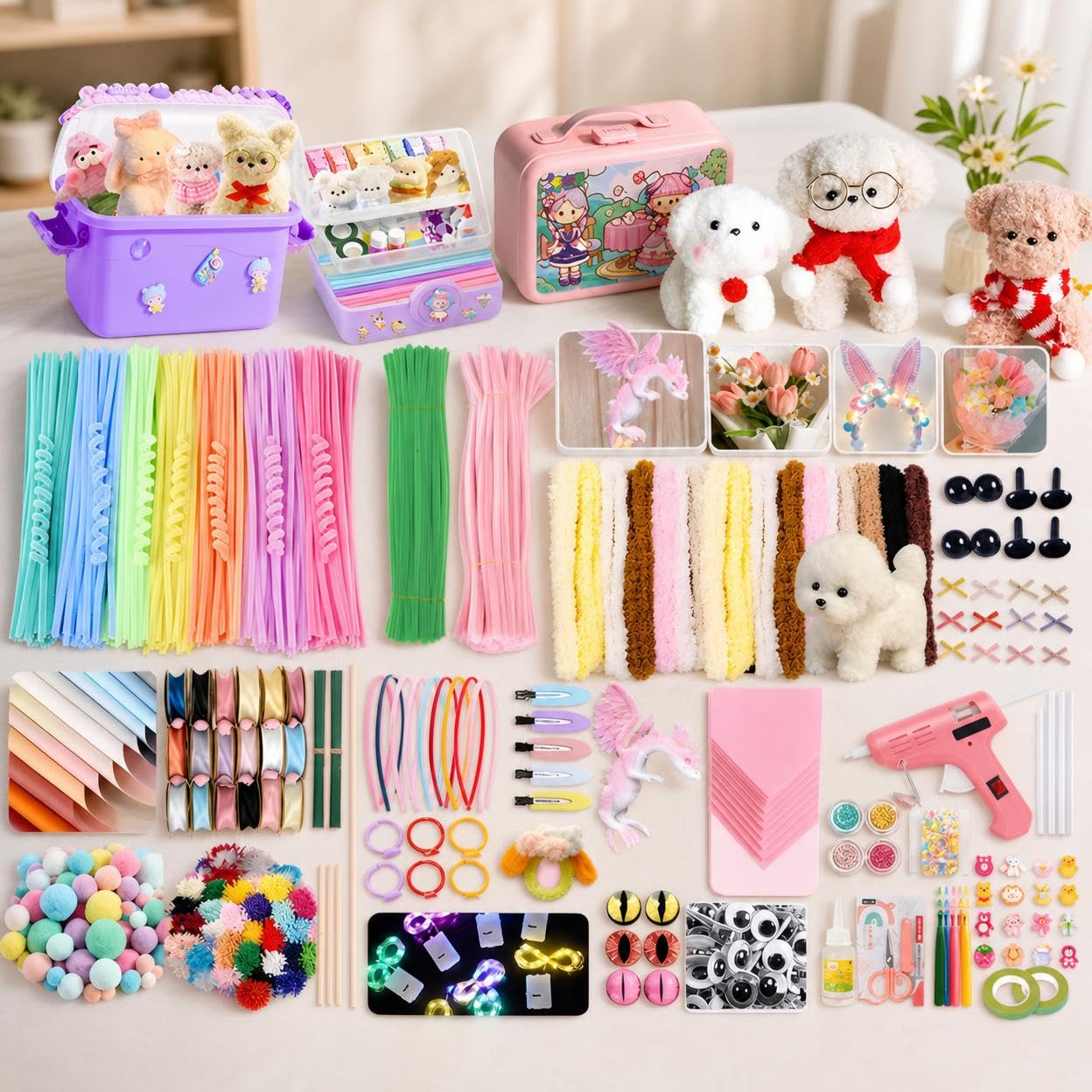 Folpus Conjunto de Limpiapipas de Chenilla, Kit de bricolaje con 401 varillas de chenilla, caja de herramientas portátil 592, materiales para manualidades de flores de felpa