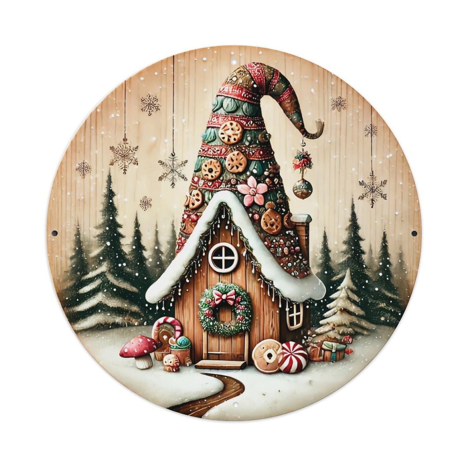 Christmas Cottage Snowflake Forest Gingerbread Retro Metal Sign Round Tin Sign, Vintage Decor Art Poster for Bar, Home, Man Cave, Kitchen, Laundry Room Gift 8x8Inch