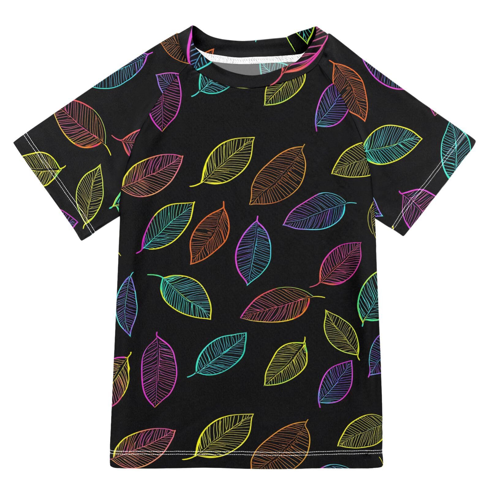 ALAZA Kids Rash Guard Toddler Swim Shirt Boy Girls Neon Leaves Print UPF 50+ Short Sleeve 4T