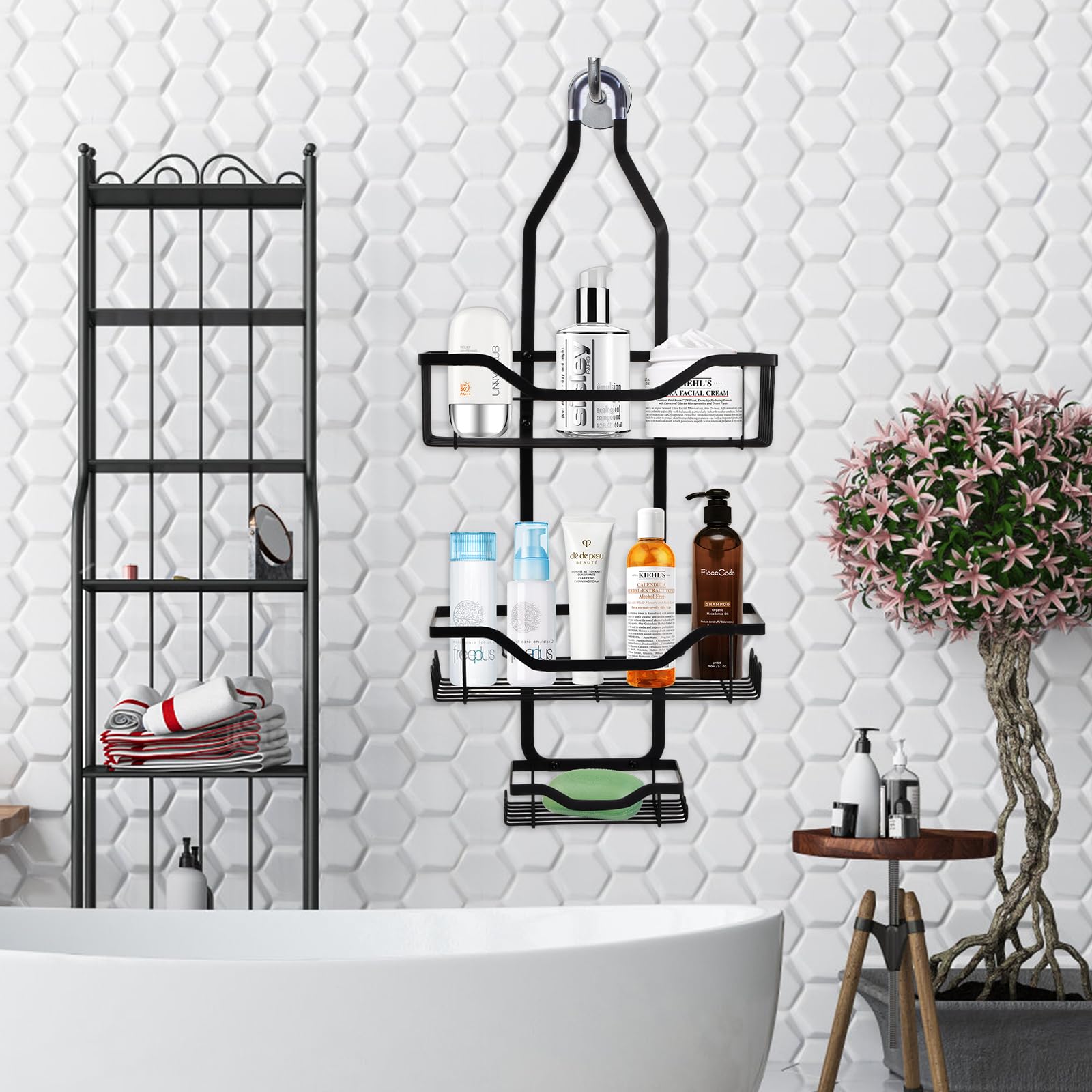 Mensola da doccia sospesa, mensola doccia a 3 ripiani, senza foratura, da appendere con 2 cestelli, 1 vassoio per sapone, mensola doccia, organizer da bagno in acciaio inox, porta shampoo