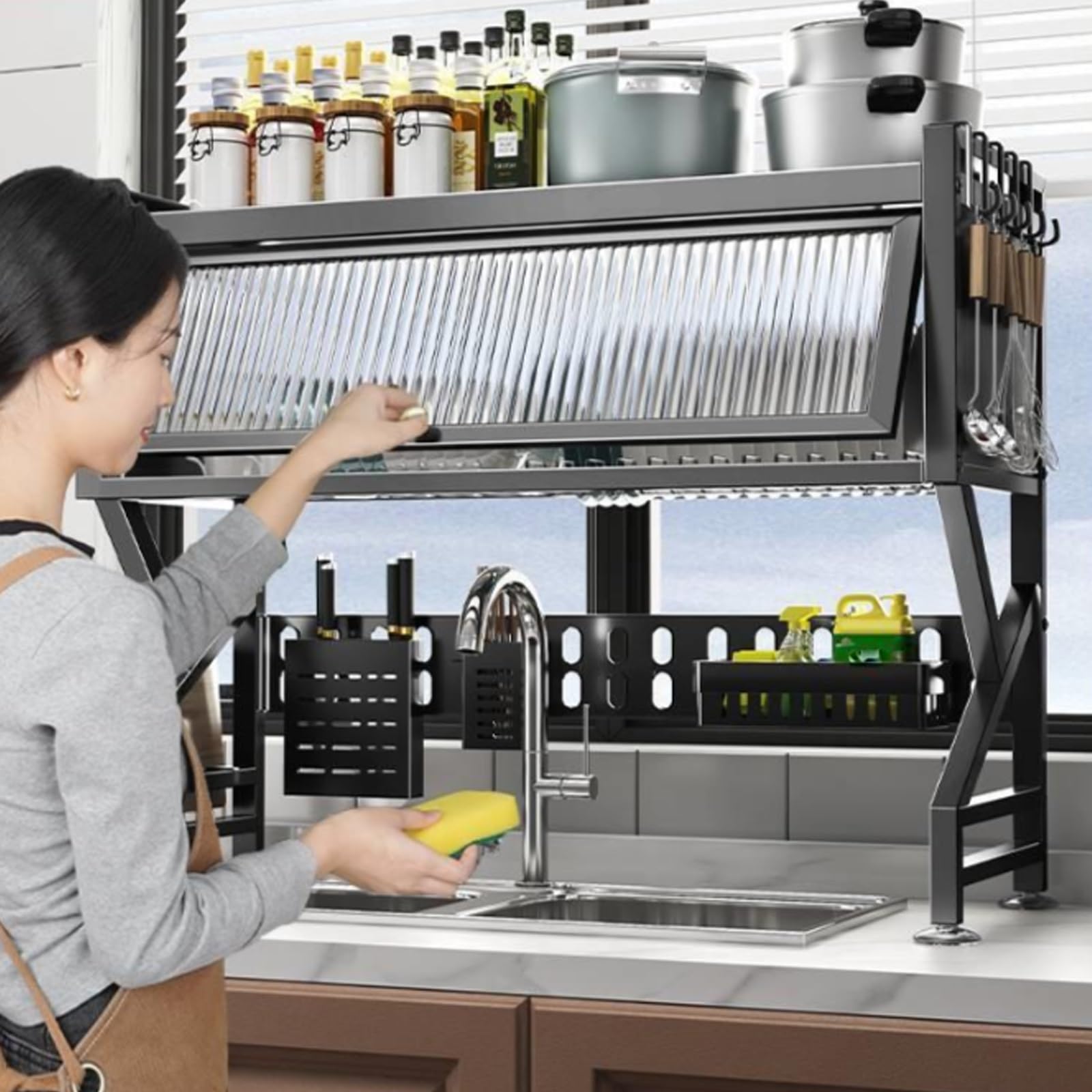 Półka na zlew kuchenny, zlew do mycia naczyń, blat kuchenny, pyłoszczelna szafka, wielofunkcyjna, do przechowywania naczyń, dwuwarstwowa, zlewozmywak Keep Kitchen Sink, zorganizowana, oszczę
