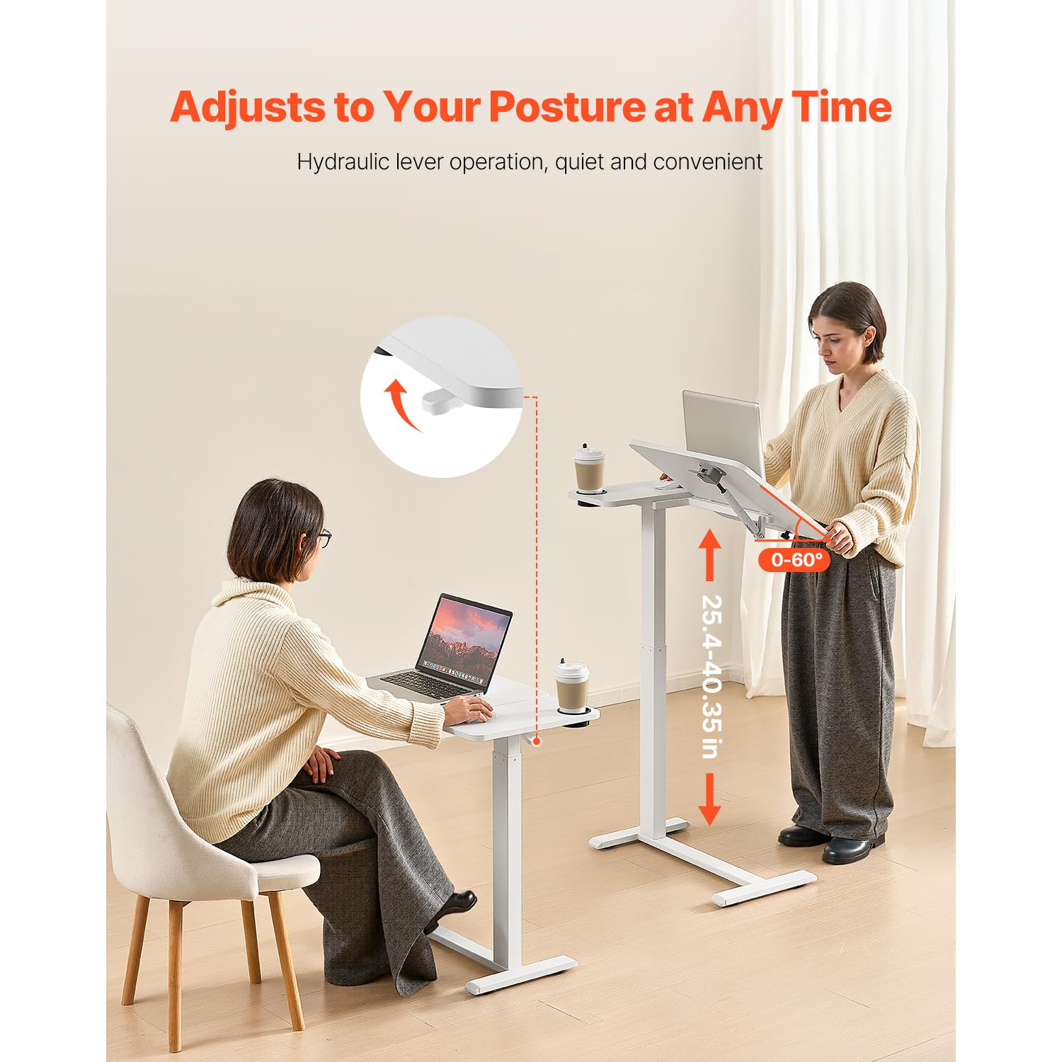 Happybuy Adjustable Overbed Table - White Mobile Workstation with Flip Top, 4 Hidden Wheels & Cup Holder, Height Adjustable from 25.4