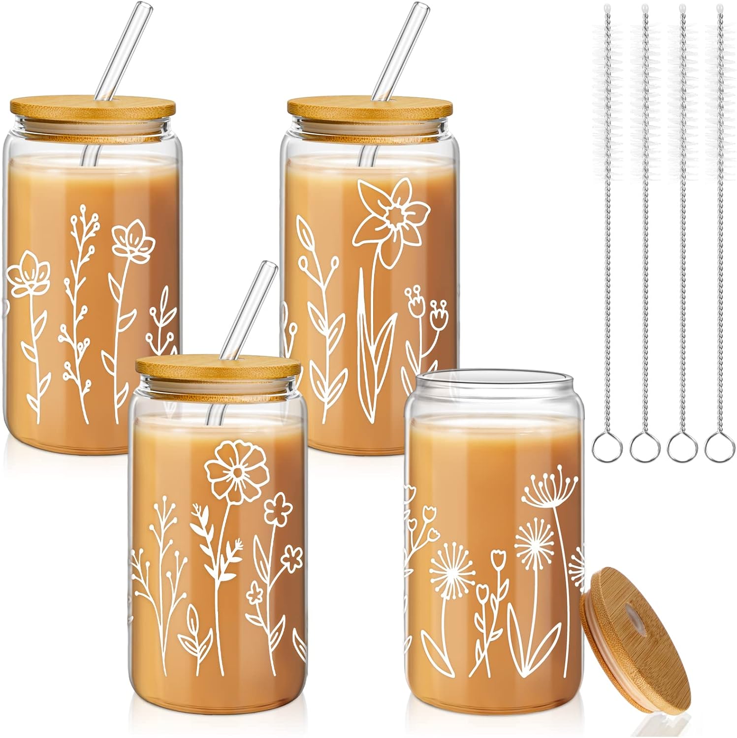 Mumufy 4 Pack Gift for Women Cute Glass Tumbler, Aesthetic Flower Iced Coffee Cup Mugs, 16 oz Glass with Bamboo Lid and Straw, Mothers Day Birthday Gift for Mum Friend Sister Her Bridesmaid Christmas