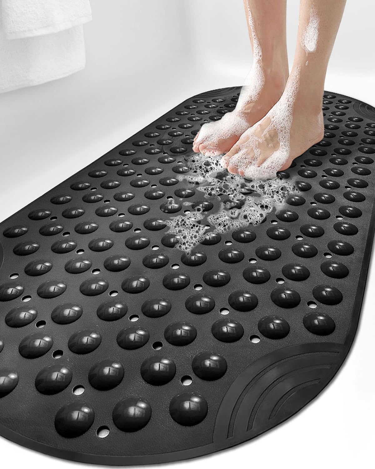 DEXI Bathtub Mat Non Slip 16x35, Shower Floor Mats for Bathroom Bath Tub, Washable Oval Bathmat with Suction Cups and Drain Holes, Black