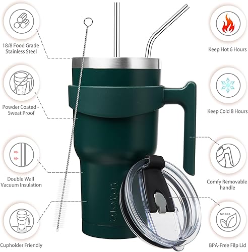 Miniatura 2 de BJPKPK Vaso con asa y pajita, vaso aislado de 30 onzas con tapa, taza de café de acero inoxidable, taza de viaje, verde militar