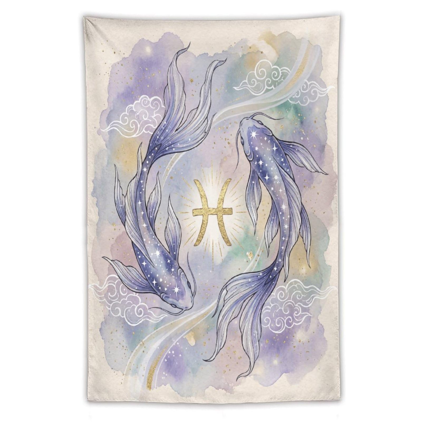 H3B8U2Y5 Pisces Koi Watercolor Wall Tapestry, Ukiyo-e, Tranquil Pond