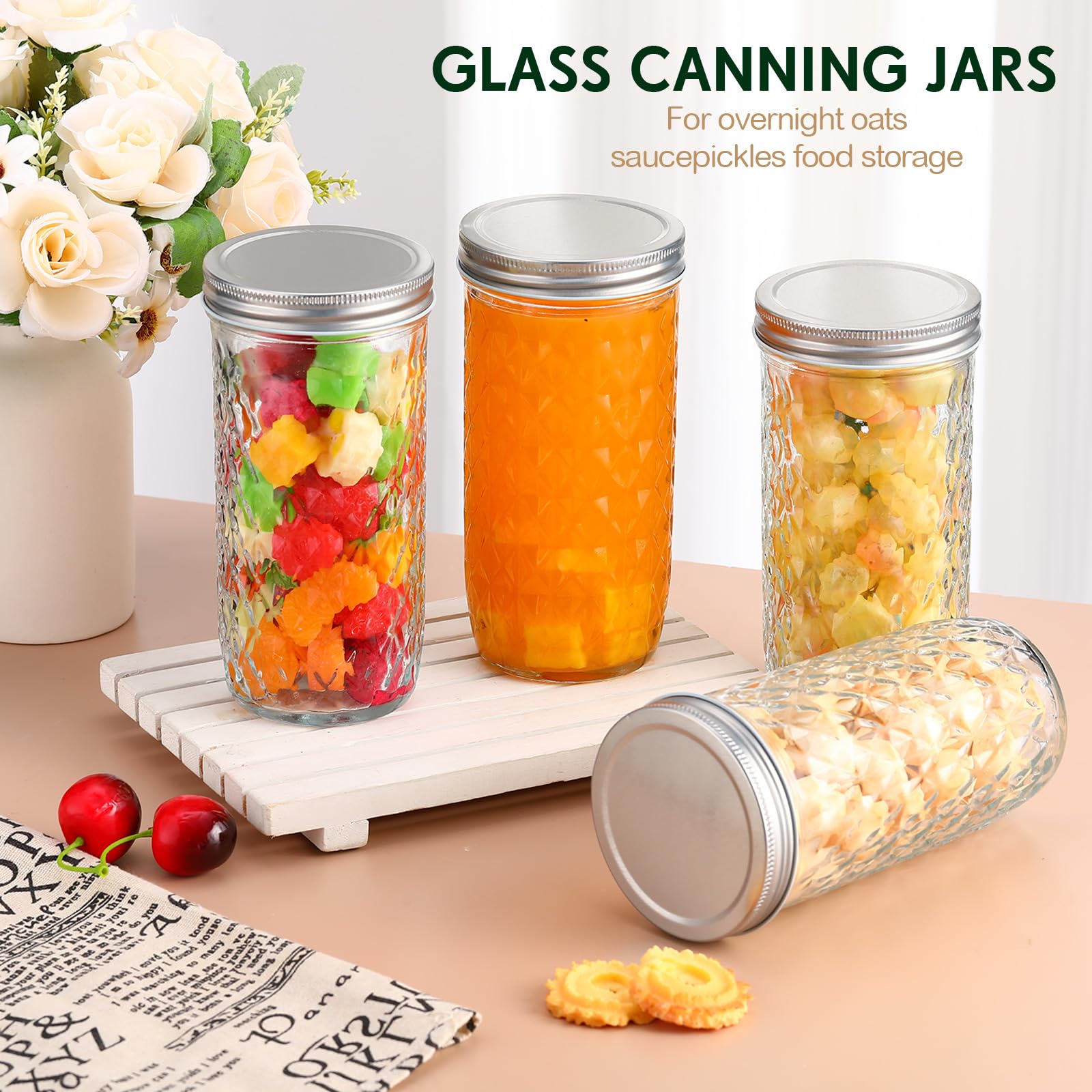 Patelai Einmachgläser im Vintage-Stil, 680 ml, 4 Stück, breite Öffnung, Einmachgläser mit luftdichtem Deckel, Glas-Diamant-Textur, Einmachgläser zum Einlegen, Fermentieren, Aufbewahren, Salat