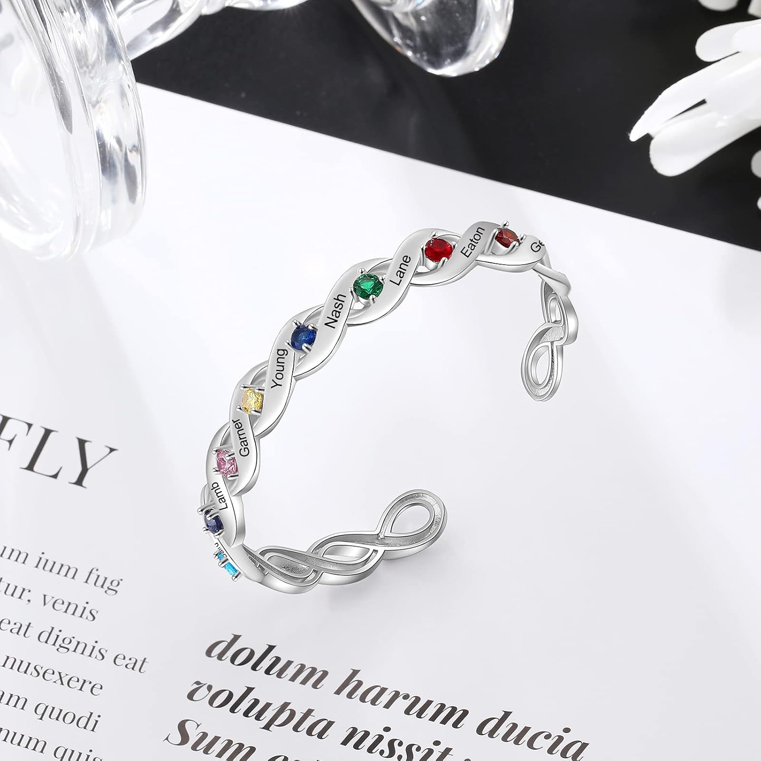 Mother Bracelet with 8 Simulated Birthstones Custom Names Bangle Bracelets Personalized Jewelry Gift for Women Daughter Grandma
