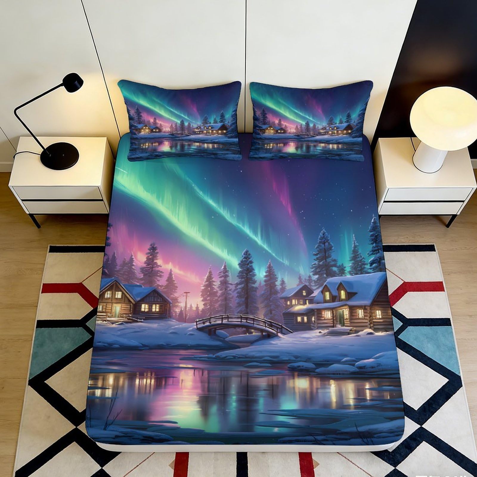 3D Printed Northern Lights Fitted Sheet Microfiber Soft Winter Cabin Mattress Cover for Bedroom Dorm Decor 120x200cm 90x200x25cm