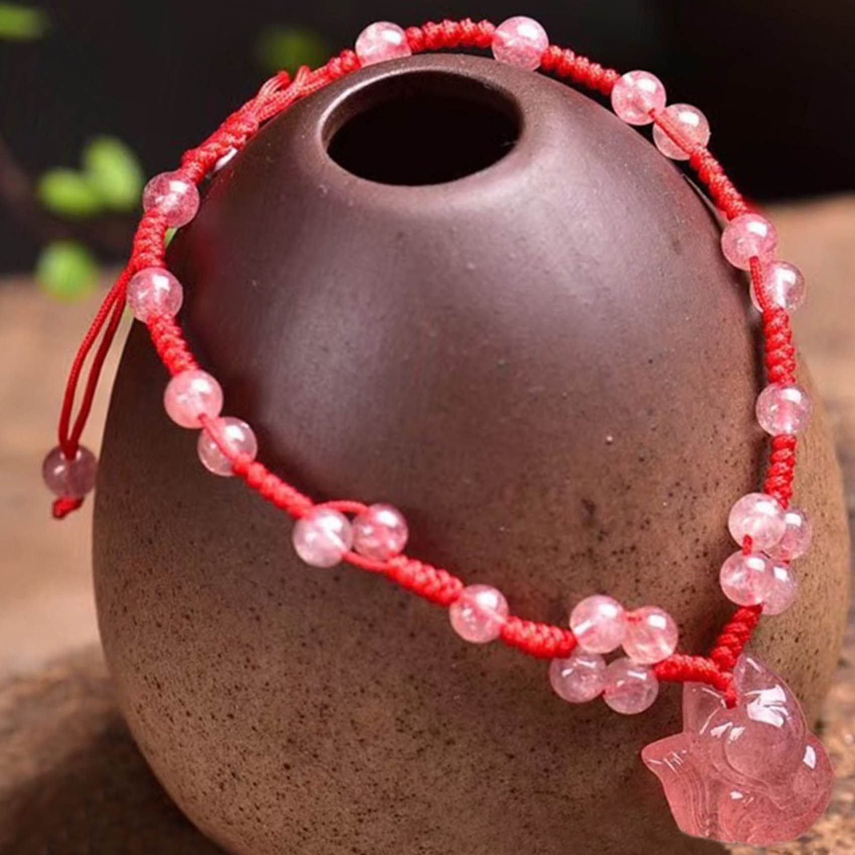 Tobillera Feng Shui Tobillera de Cuarzo Fresa Pulsera de Tobillo con Dije de Zorro de Nueve Colas Amuleto de Buena Suerte Pulsera de pie de Hilo Rojo Tobillera de Chakra de Cristal Reiki Talismán