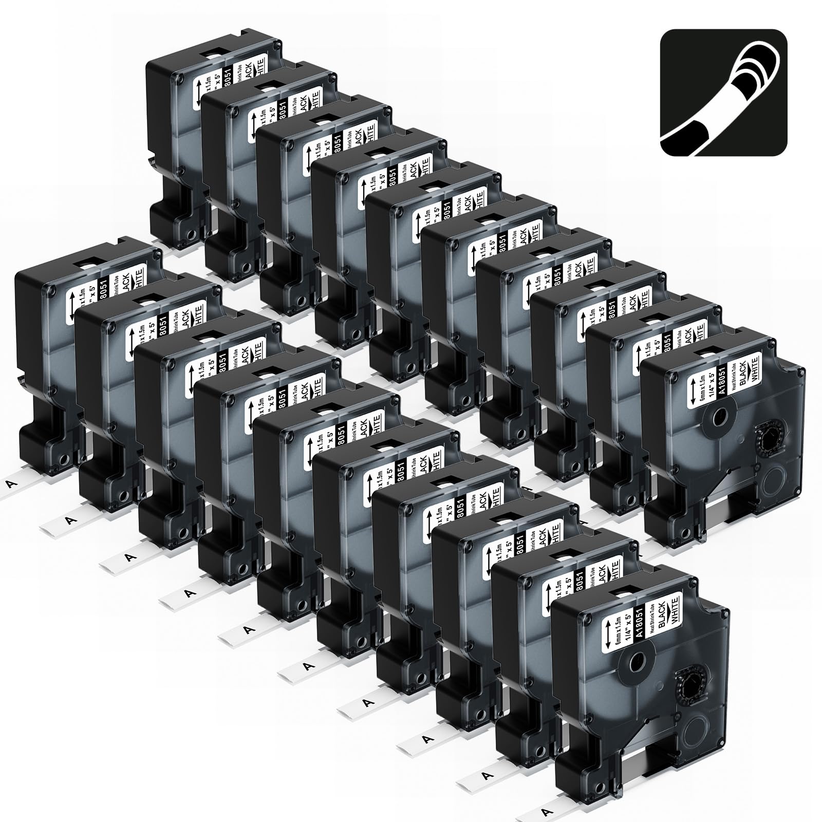 18051 A18051 - Confezione da 20 nastri per etichette termorestringenti DYMO Rhino, 6 mm, per etichettatrice DYMO Industrial Rhino 4200 5200 5000 6000, nero su bianco