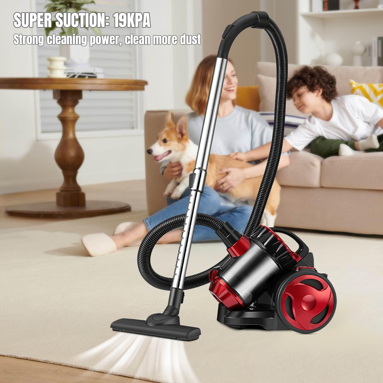 Aspirador sin bolsa, 1,5 L, aspirador escoba, 4,5 m, cable de alimentación (A) | 2000 W de filtración de alto rendimiento, silencioso, para alfombras, alfombras y suelos duros, coche, laminado y baldosas
