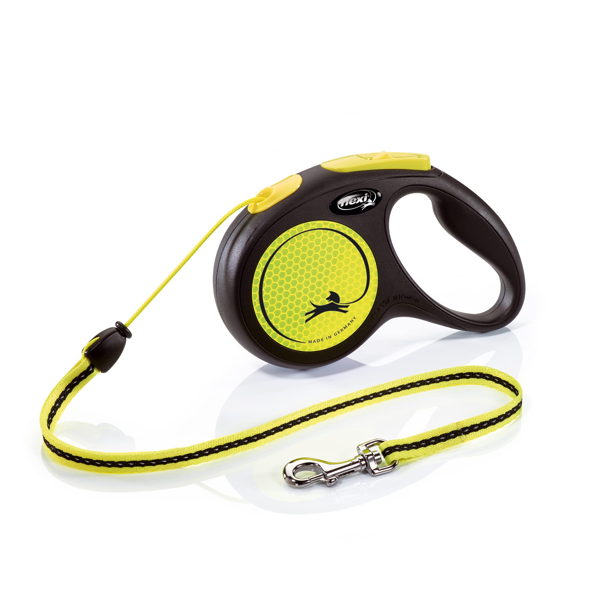 Croci Flexi New Neon Cord, Correa Reflectante Extensible Para Perros, Talla M Hasta 25 Kg, 5 Metros De Largo, Negro Y Amarillo