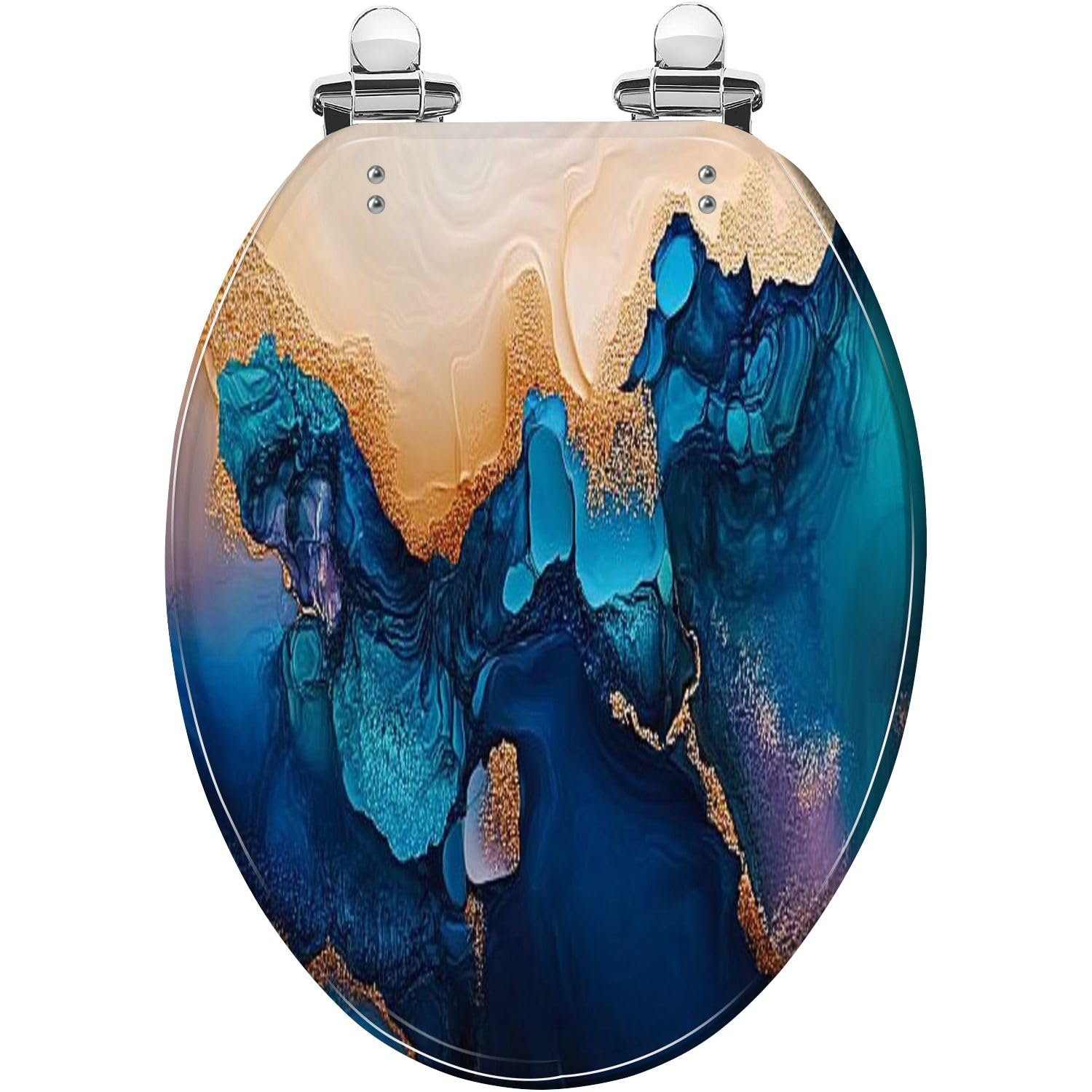 Marbled Blue Gold Toilet seat, Install, Adjustable, Lightweight, Durable, Portable, User-Friendly, Compact, Decorative, Resin, Elongated, Ocean, Waves, Inspired