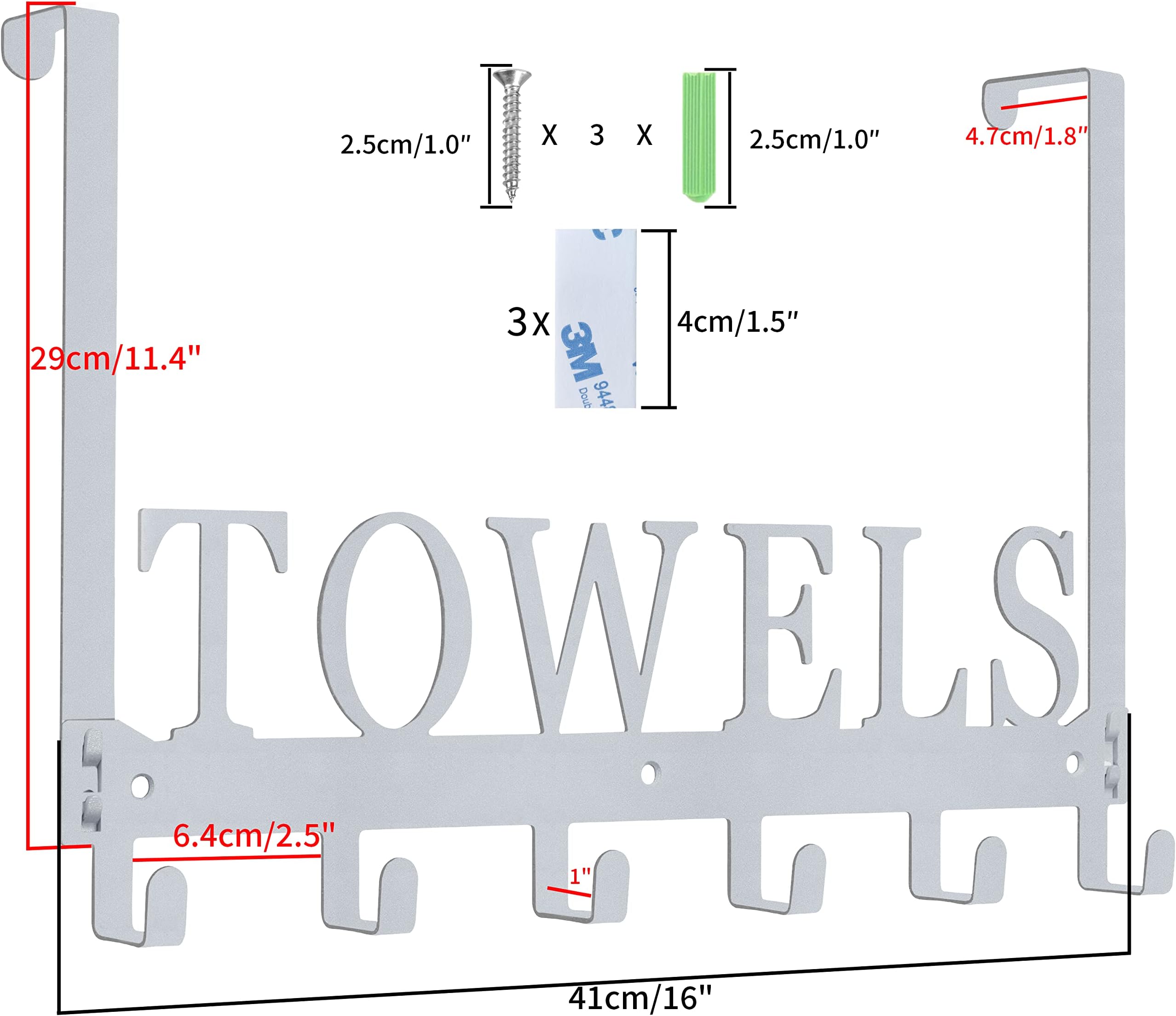 Over The Door Hooks, Towel Rack for Bathroom, Door Mount Towel Hooks Bath Towel Hanger for Bedroom Kitchen Pool Beach Towels Bathrobe Wall Mount Towel Holder for Bathrooms (6 Hooks, Silver Grey)