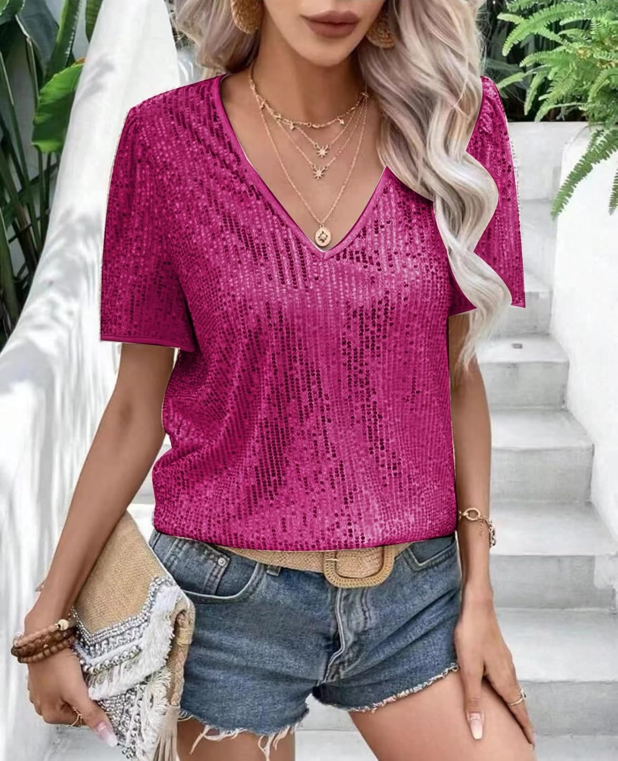 MINTLIMIT Women's Sequin Tops Short Sleeve Shimmer Glitter Top Sparkly Blouse Club Party Shirt - Image 4