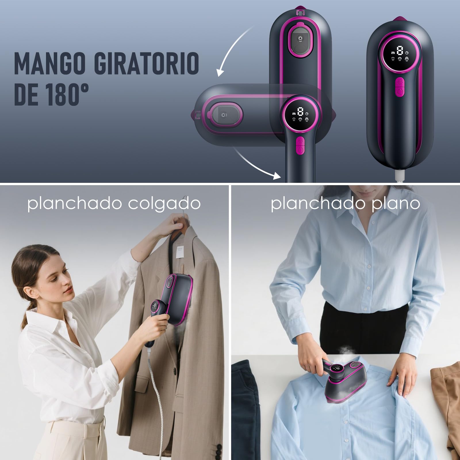Plancha Vertical Vapor 2 en 1-Vaporizador de Mano para Ropa y Plancha Ropa, Plancha Ligera de Viaje de 1200 W (0,8 kg) -3 Modos de Vapor, Depósito de 165 ml y Pantalla LED - Ideal para Casa Accesori