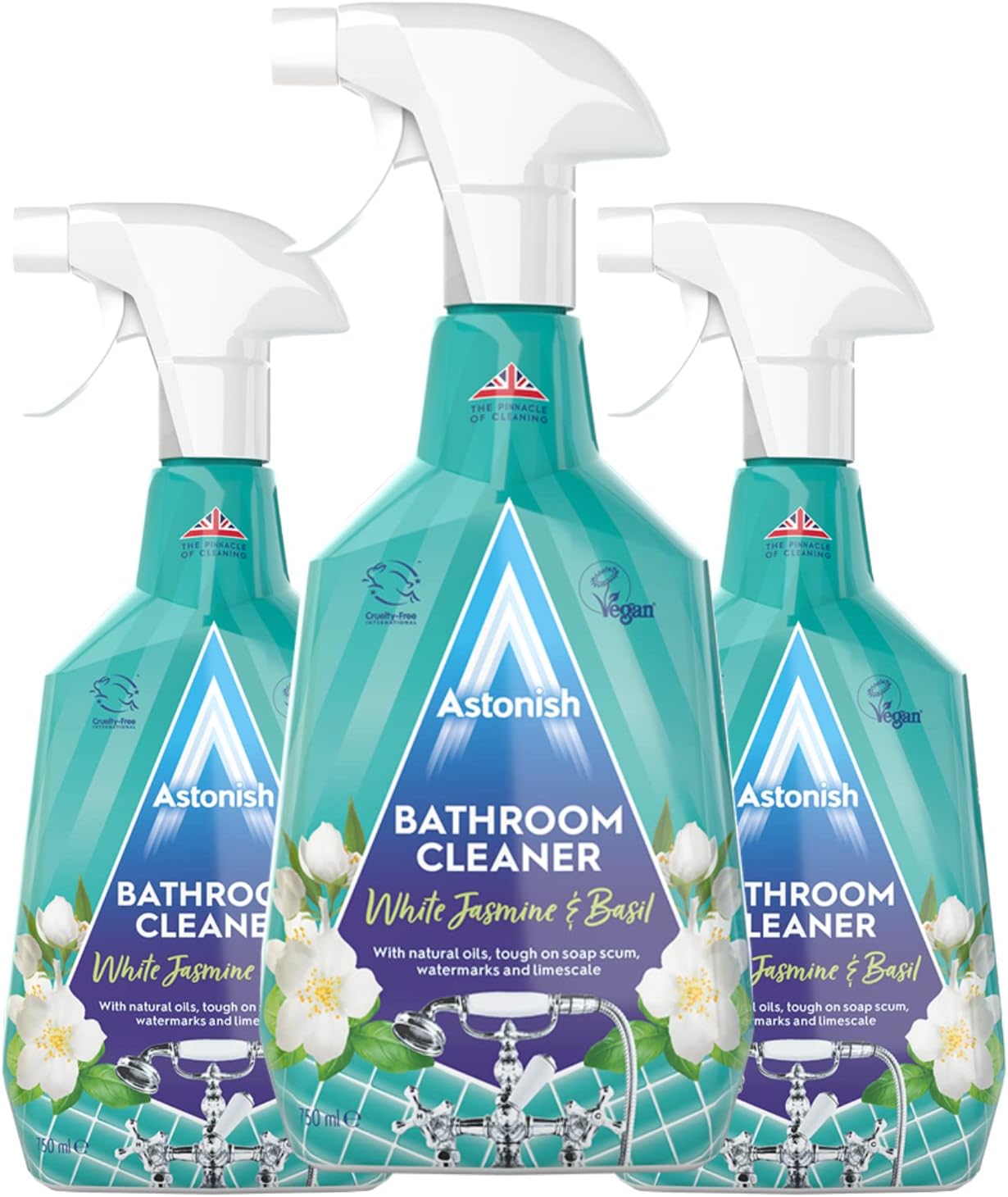 Streak Free Foaming Bathroom Cleaner Spray Bottle 3 Pack - Deep Cleaning White Jasmine & Basil Scented Spray For Soap Scum, Watermarks & Limescale - Cleaning Supplies, 750 ml Bottle