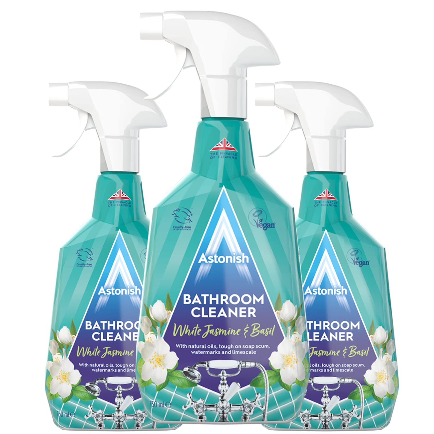 Astonish Streak Free Foaming Bathroom Cleaner Spray Bottle 3 Pack - Deep Cleaning White Jasmine Basil Scented Spray