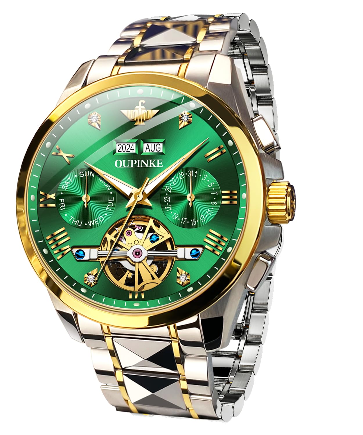 OUPINKE Stainless Steel Swiss Mens Automatic Mechanical-Tungsten Steel Analog-Digital Watch Without Batteries (24-Hour Display, Green) (B09G2HMDMJ) Amazon Price History, Amazon Price Tracker