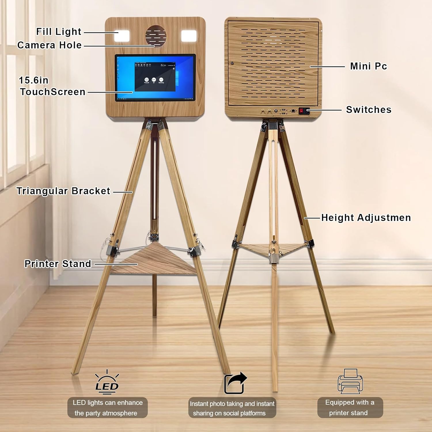 Selfie Photo Booth Machine with 15.6''Touch Screen Portable Photo Booth Triangular Stable Shape for Wedding Party and Event with Flight Case (Photo Booth Machine)