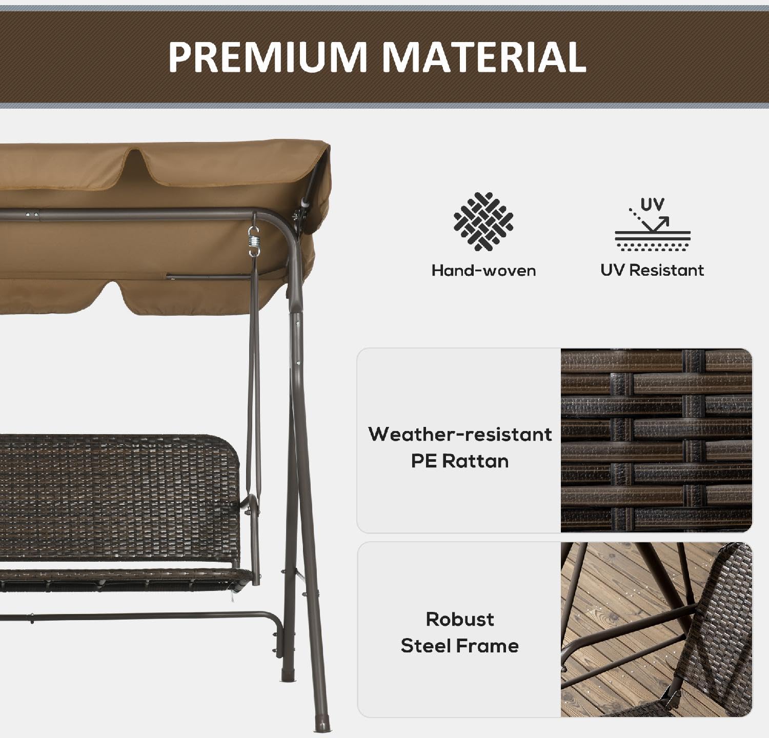 Dondolo da Giardino 3 Posti con Tettuccio Parasole in Acciaio/Rattan PE Dimensioni 167x112x153 cm Colore Marrone