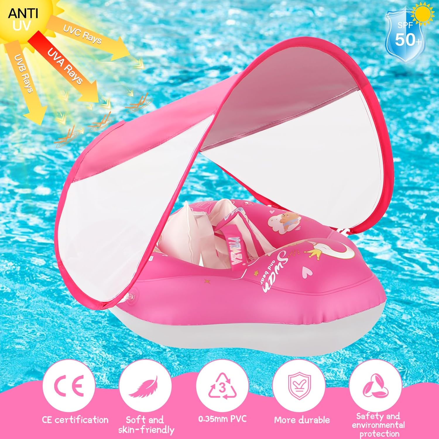 LOOWARTS Baby Float with Canopy,Infant Pool Float with Safety Seat,Baby Swimming Float & Swim Float & Water Float UPF50+ UV Protection for Toddler from 3 to 36 Months(S:3-12 Month/L:6-36 Month)