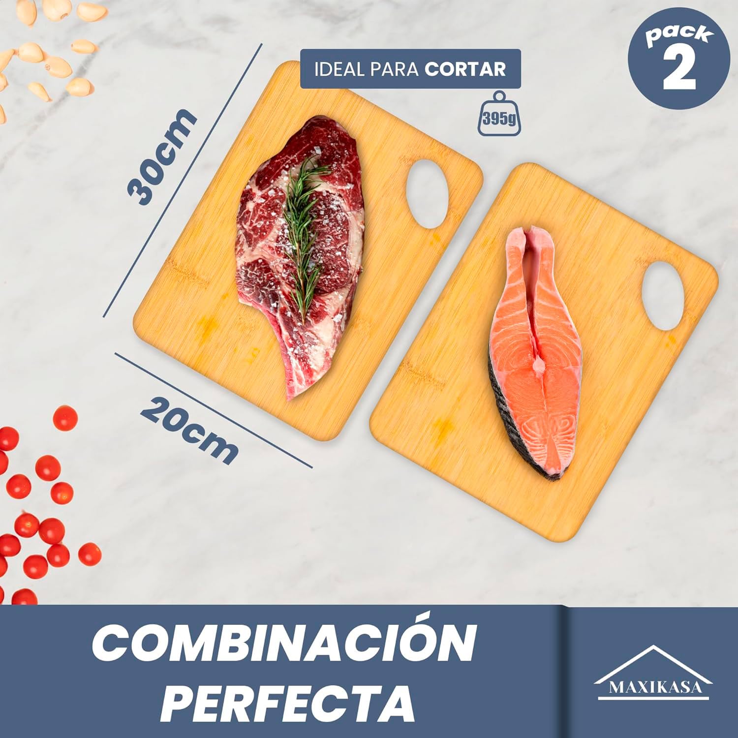 Tabla Cortar de Bambú | Pack de 2 uds Medianas x2-30x20cm) | Tabla de Alta Resistencia y Durabilidad | Apto para Cortar, Picar y Servir | Utensilios de Cocina.