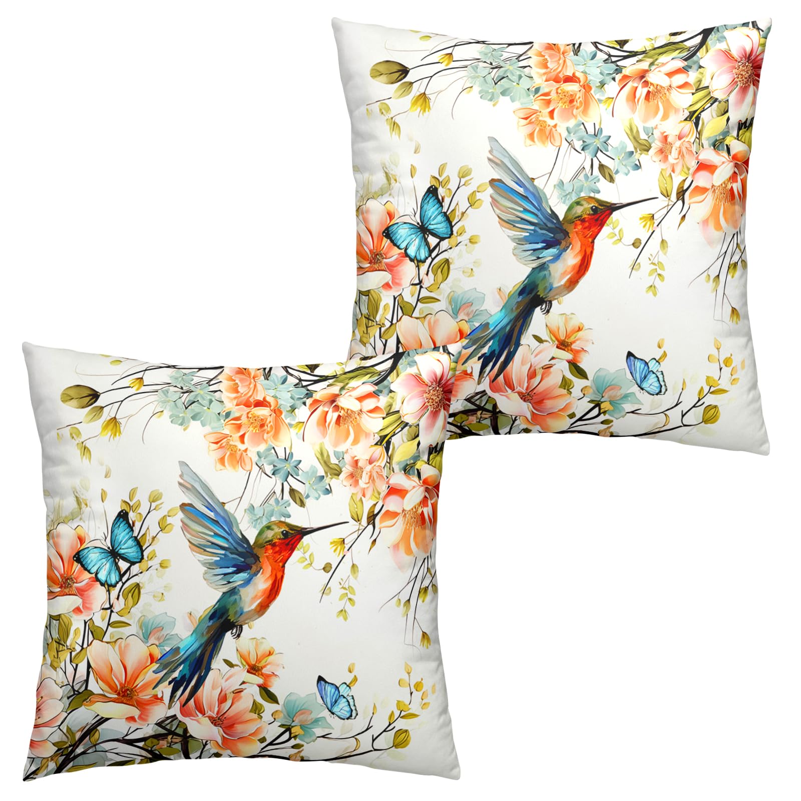 Spring Flowers Bird Pillow Covers 18x18 Inch Summer Watercolor Floral Hummingbird Butterfly Outdoor Throw Pillow Covers Set of 2 Chinoiserie