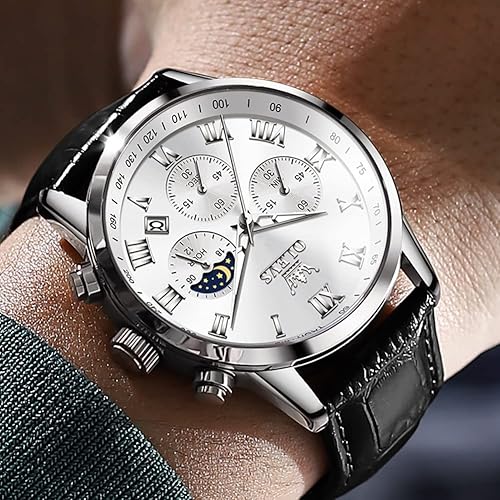 Miniatura 4 de OLEVS Relojes de cuero para hombre vestido de negocios analógico de cuarzo relojes de lujo para hombres fase lunar fecha cronógrafo luminoso 3ATM
