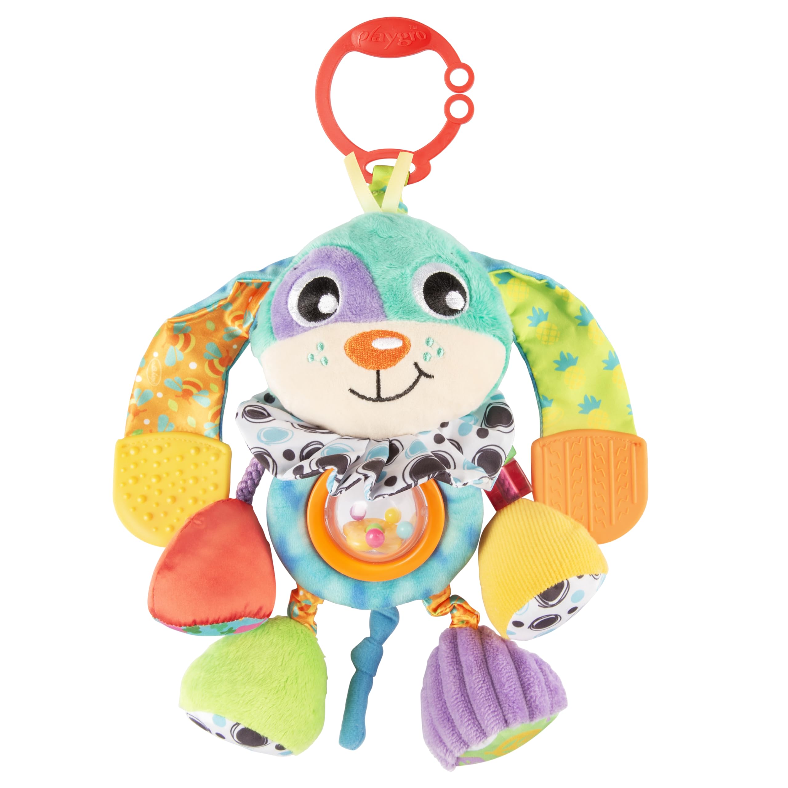 Playgro Doofy Dog - Sensorisches Spielzeug für Babys mit Rassel, Beißring, Kontrastfarben und tragbarem Clip
