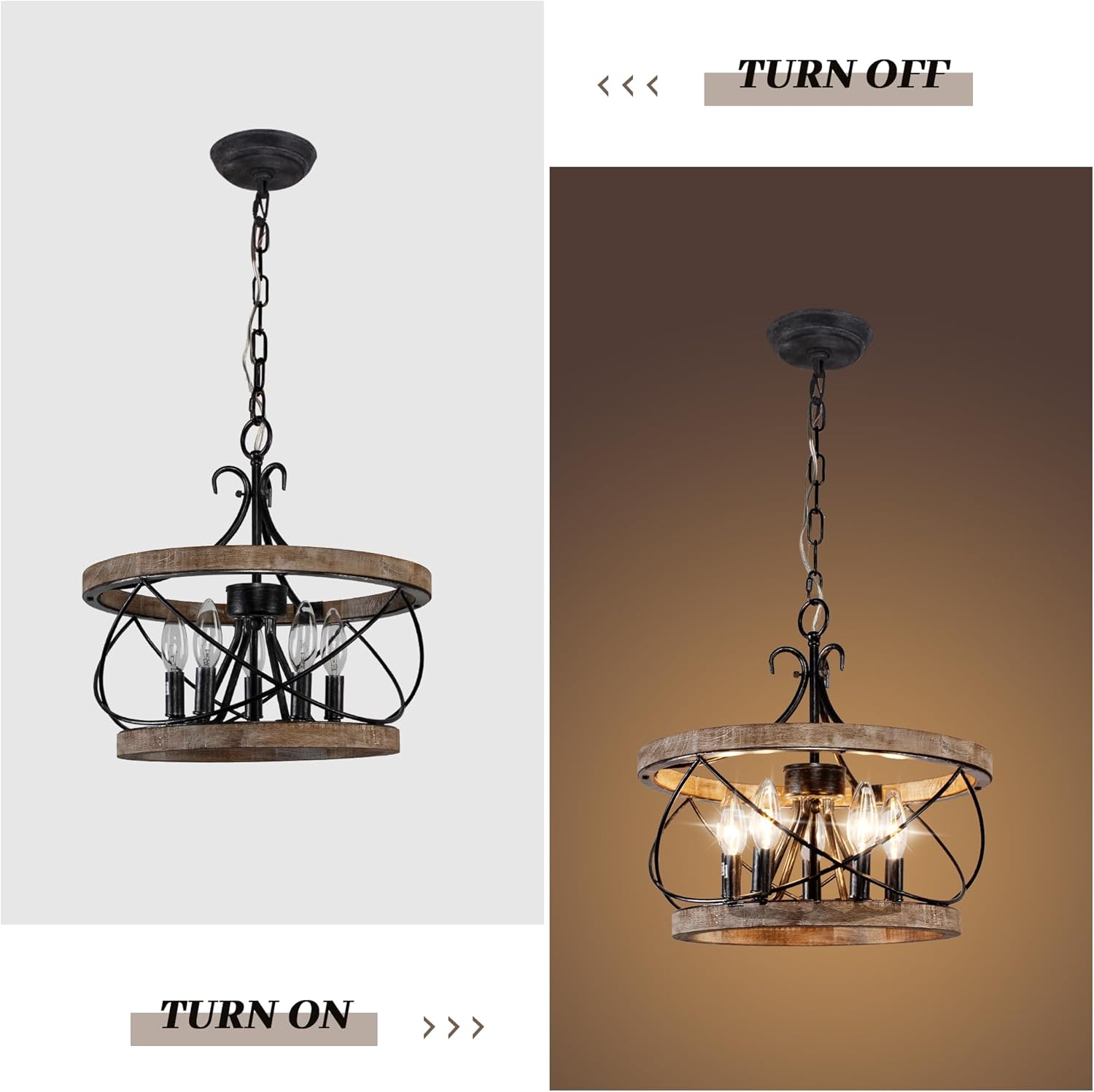 Farmhouse Chandelier, 5-Light Rustic Industrial Pendant Light Fixture with Double Wooden Rings, Adjustable Chain Hanging Lighting for Dining Room Kitchen Island Living Room Hallway Entryway