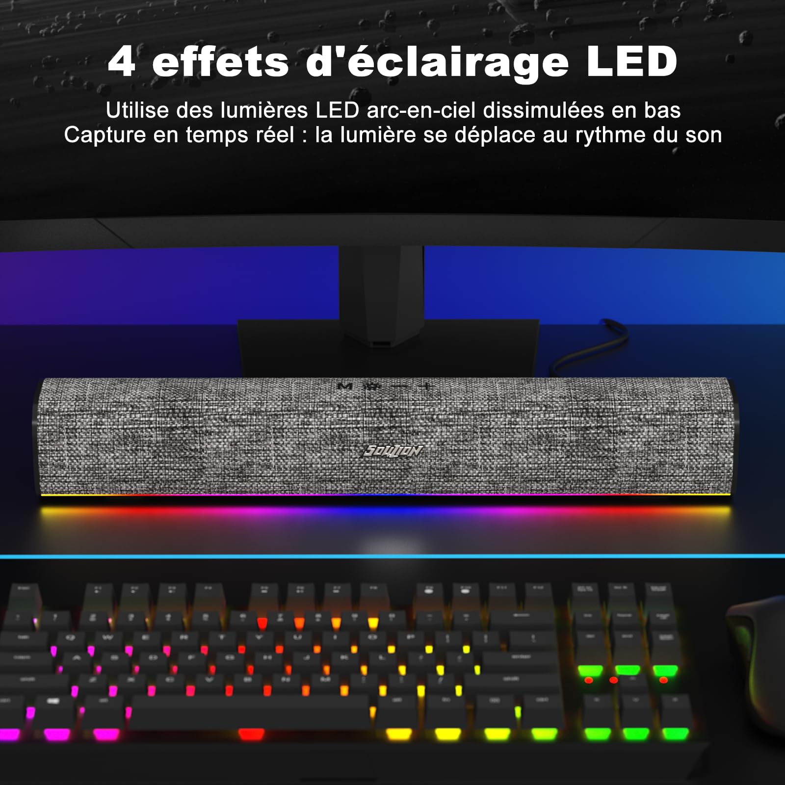 SOULION R100 Enceinte PC, Bluetooth Barre de Son PC avec Synchronisation/Affichage Audio-Lumière, pour PC, Tablette, Smartphone, 42 x 6 x 6cm (Alimenté par USB)